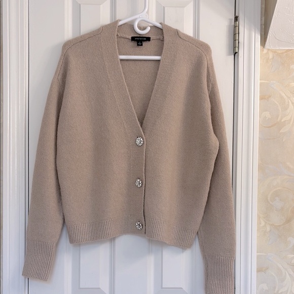 Ann Taylor Sweaters - Ann Taylor Festive Beige V-neck Cardigan Sweater with Rhinestone Buttons. EUC